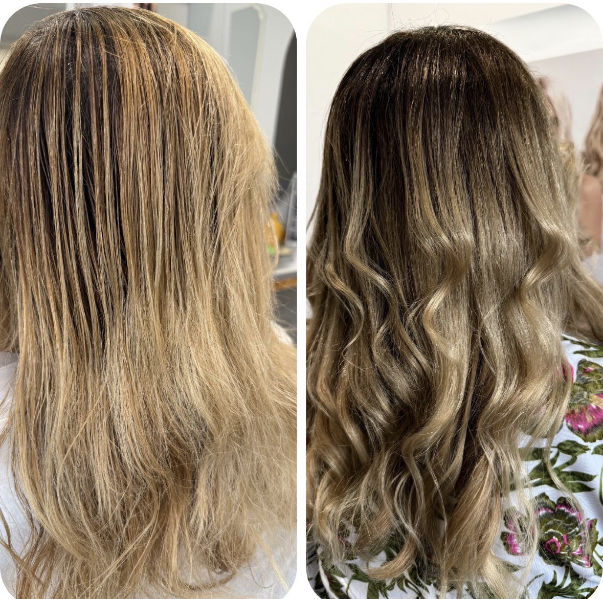Prima e dopo di un balayage nocciola su capelli lunghi