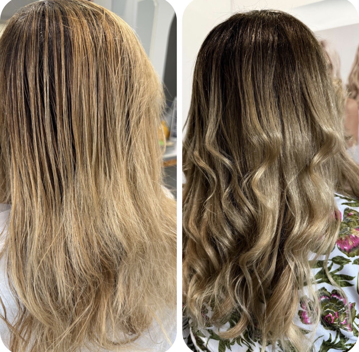 Prima e dopo: capelli biondi crespi trasformati in onde definite