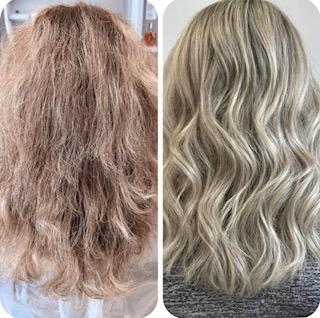 Prima e dopo su capelli crespi trasformati in biondo luminoso