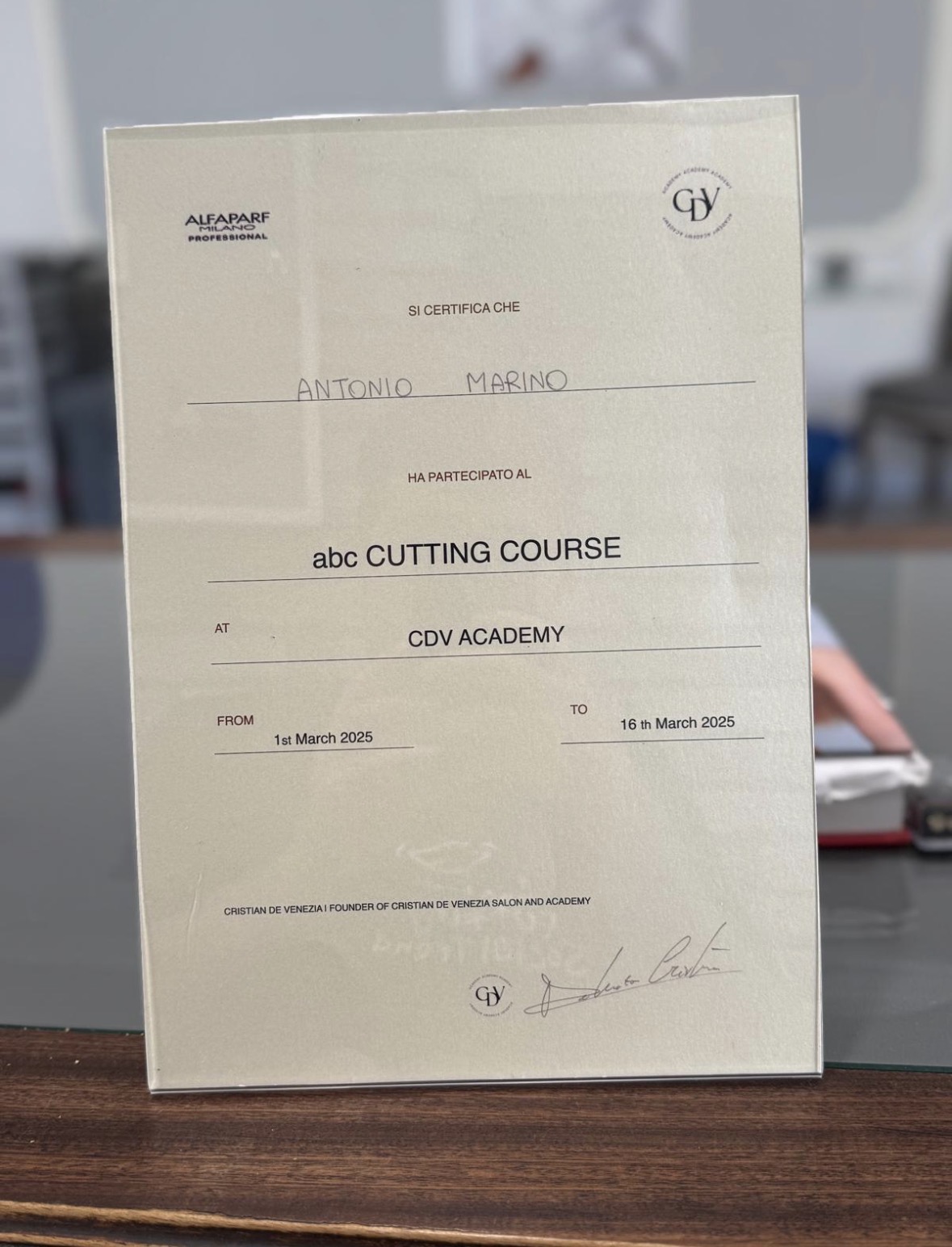 Attestato abc Cutting Course CDV Academy Alfaparf Milano di Antonio Marino